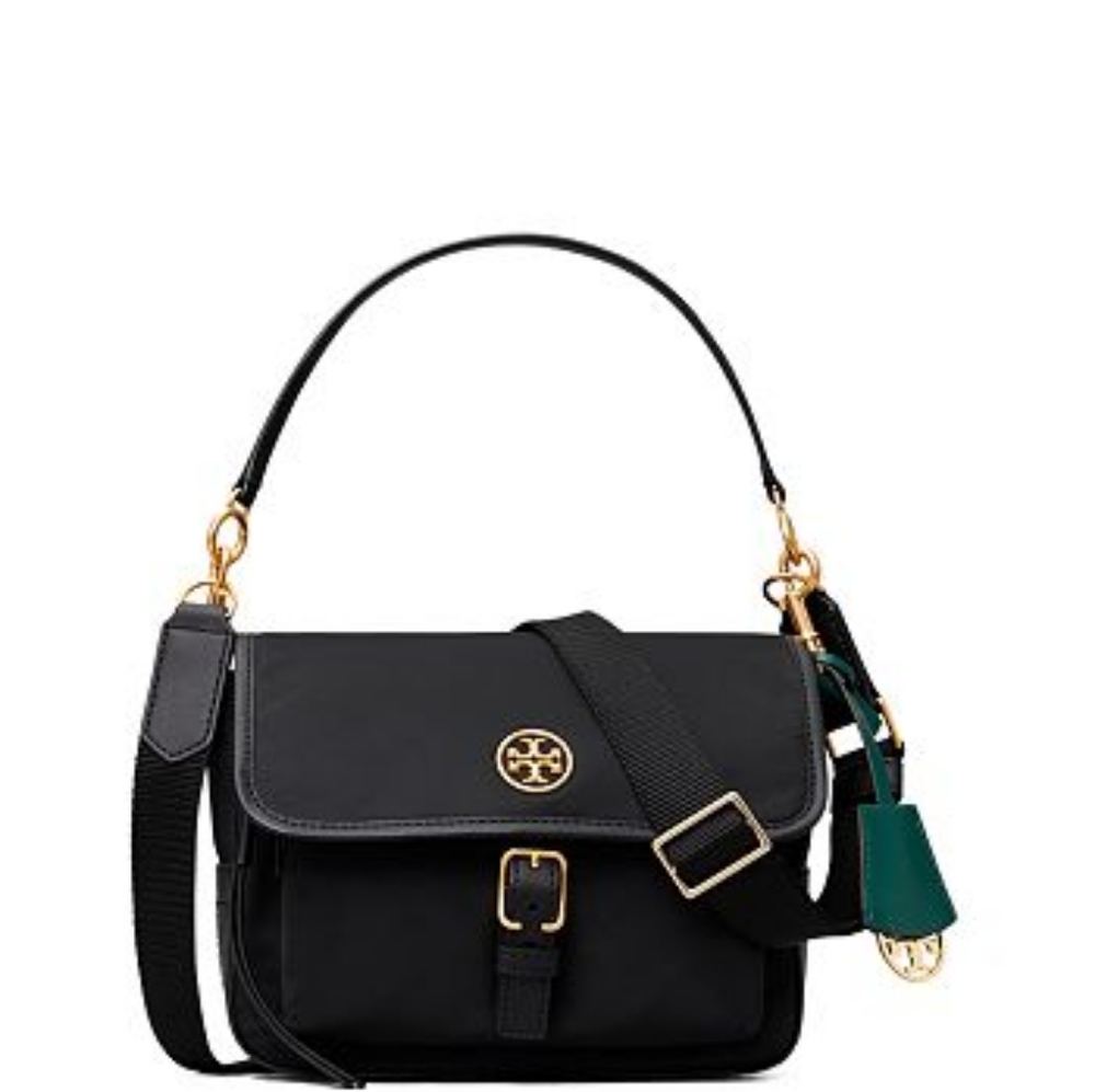 Tory Burch Black Crossbody Bag with Gold Hardware and Green Charm